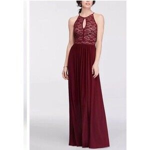 Morgan & Co Burgundy Lace Halter Maxi Dress